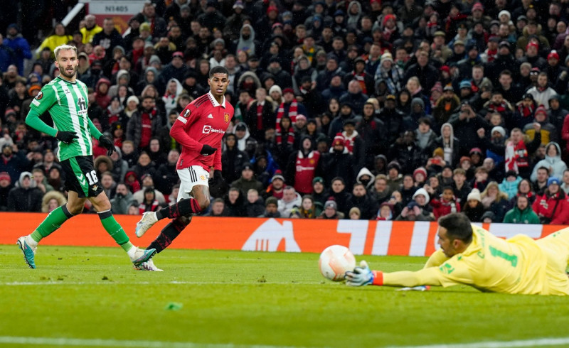 Manchester, England, 9th March 2023. Claudio Bravo of Real Betis saves a shot from Marcus Rashford of Manchester United,
