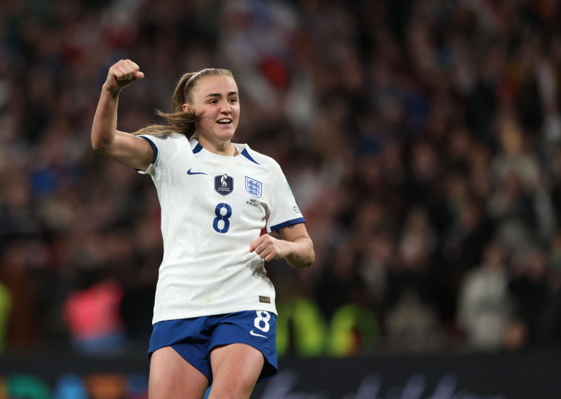 Georgia Stanway (E) celebrates scoring her penalty at the England v Brazil UEFA Women s Finalissima 2023 match at Wemble