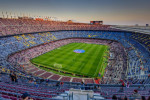 Panoramic view of the Camp Nou stadium at sunset, on a match day of the FC Barcelona first team (Barcelona, Catalonia, Spain) ESP: Vista del Camp Nou