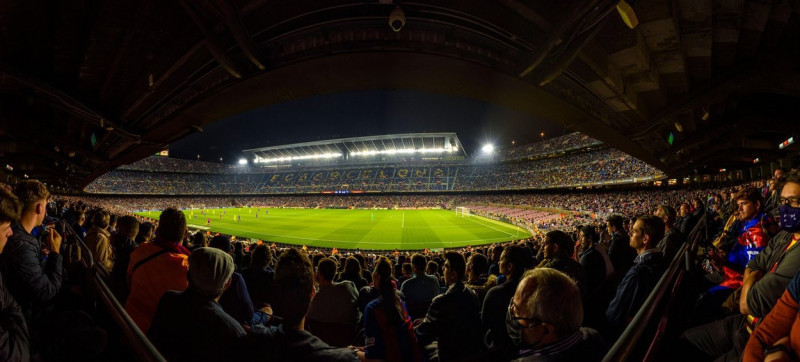 Panoramic view of the Camp Nou stadium at night, on a match day of the FC Barcelona first team (Barcelona, Catalonia, Spain)