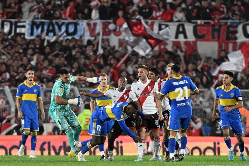Monumental de Nunez Stadium River Plate players fight with Boca Juniors players, during the match between River Plate an