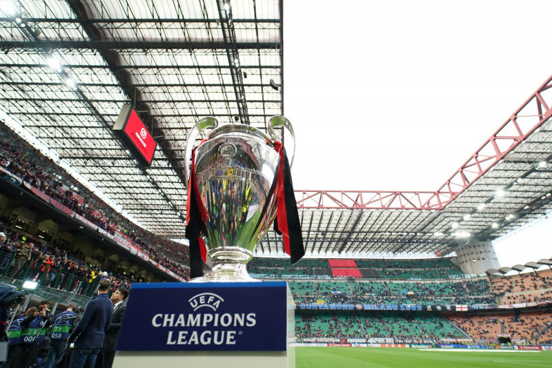 A detailed view of the UEFA Champions League trophy is seen on a plinth prior to the during the UEFA Champions League se