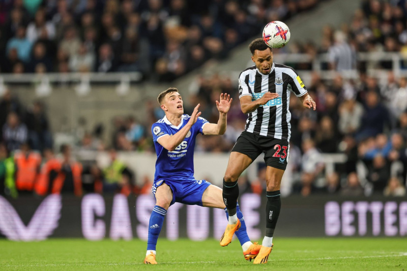 Premier League Newcastle United vs Leicester City Jacob Murphy 23 of Newcastle United heads the ball clearduring the Pre