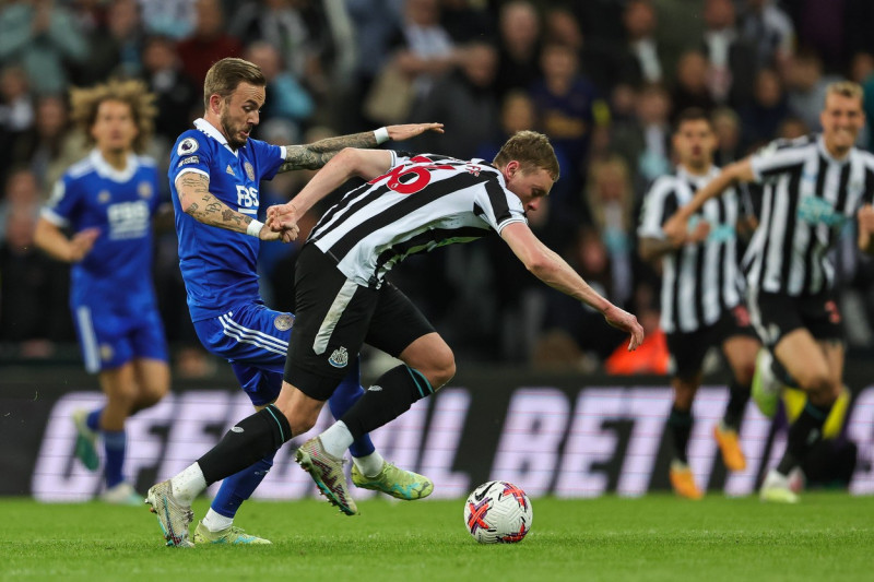 Premier League Newcastle United vs Leicester City James Maddison 10 of Leicester City and Sean Longstaff 36 of Newcastle