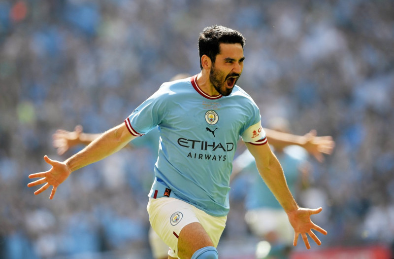 London, England, 3rd June 2023. Ilkay Gundogan of Manchester City celebrates scoring the first goal during the The FA Cu