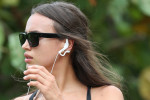 **EXCLUSIVE** Irina Shayk wears a sports bra and shorts as she goes for a workout on Miami Beach
