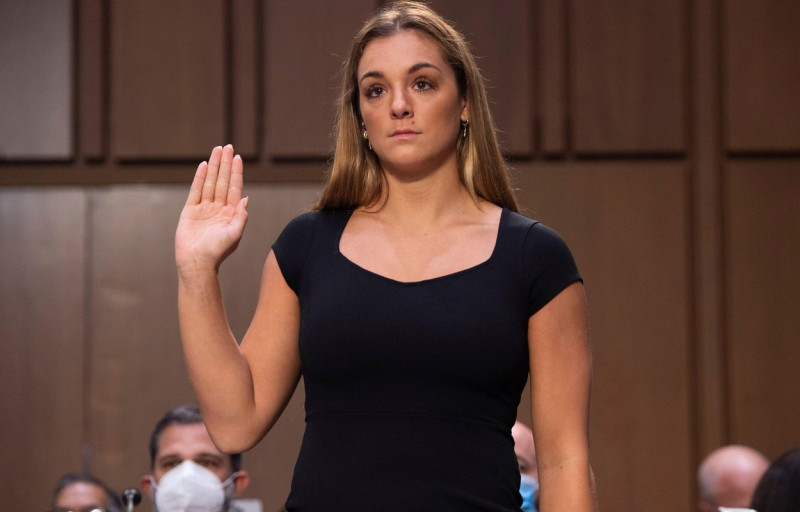 Washington, DC. 15th Sep, 2021. US Olympic gymnast Maggie Nichols is sworn in to testify during a Senate Judiciary hearing about the Inspector General's report on the FBI handling of the Larry Nassar investigation of sexual abuse of Olympic gymnasts, on C