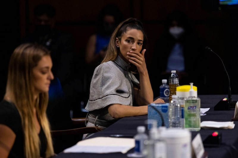 United States Olympic gymnast Aly Raisman looks on during a Senate Judiciary hearing about the Inspector General's report on the FBI's handling of the Larry Nassar investigation on Capitol Hill, Wednesday, Sept. 15, 2021, in Washington. Nassar was charged
