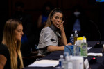 United States Olympic gymnast Aly Raisman looks on during a Senate Judiciary hearing about the Inspector General's report on the FBI's handling of the Larry Nassar investigation on Capitol Hill, Wednesday, Sept. 15, 2021, in Washington. Nassar was charged