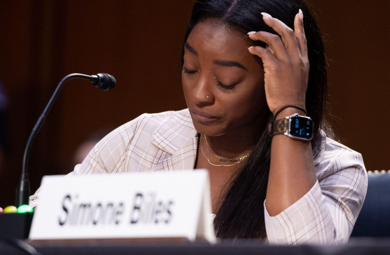 US Olympic gymnasts Simone Biles testifies during a Senate Judiciary hearing about the Inspector General's report on the FBI handling of the Larry Nassar investigation of sexual abuse of Olympic gymnasts, on Capitol Hill, September 15, 2021, in Washington
