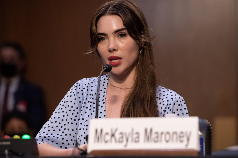 US Olympic gymnast McKayla Maroney testifies during a Senate Judiciary hearing about the Inspector General's report on the FBI handling of the Larry Nassar investigation of sexual abuse of Olympic gymnasts, on Capitol Hill, September 15, 2021, in Washingt