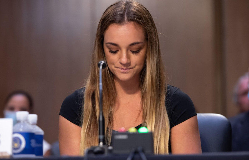 US Olympic gymnast Maggie Nichols testifies during a Senate Judiciary hearing about the Inspector General's report on the FBI handling of the Larry Nassar investigation of sexual abuse of Olympic gymnasts, on Capitol Hill, September 15, 2021, in Washingto