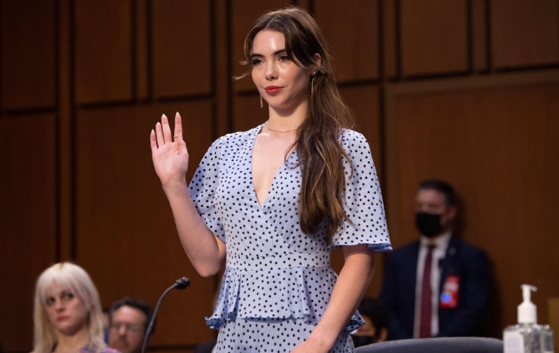 US Olympic gymnast McKayla Maroney is sworn in to testify during a Senate Judiciary hearing about the Inspector General's report on the FBI handling of the Larry Nassar investigation of sexual abuse of Olympic gymnasts, on Capitol Hill, September 15, 2021