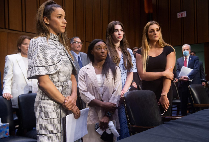 US Olympic gymnasts Aly Raisman, Simone Biles, McKayla Maroney and Maggie Nichols leave after testifying during a Senate Judiciary hearing about the Inspector General's report on the FBI handling of the Larry Nassar investigation of sexual abuse of Olympi