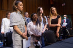 US Olympic gymnasts Aly Raisman, Simone Biles, McKayla Maroney and Maggie Nichols leave after testifying during a Senate Judiciary hearing about the Inspector General's report on the FBI handling of the Larry Nassar investigation of sexual abuse of Olympi