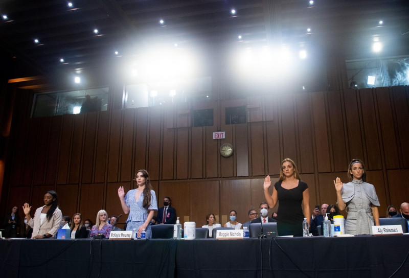 US Olympic gymnasts Simone Biles, McKayla Maroney, Maggie Nichols, and Aly Raisman, are sworn in to testify during a Senate Judiciary hearing about the Inspector General's report on the FBI handling of the Larry Nassar investigation of sexual abuse of Oly