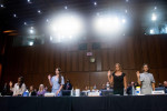 US Olympic gymnasts Simone Biles, McKayla Maroney, Maggie Nichols, and Aly Raisman, are sworn in to testify during a Senate Judiciary hearing about the Inspector General's report on the FBI handling of the Larry Nassar investigation of sexual abuse of Oly