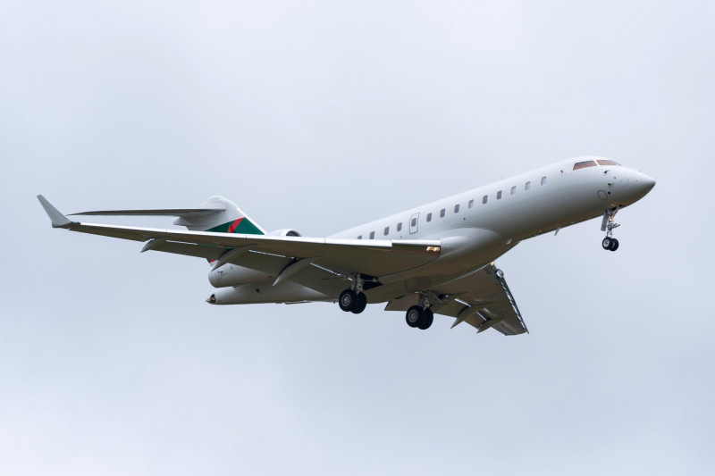 Global Jet Luxembourg jet plane landing at London Heathrow Airport, UK, during COVID-19 Coronavirus pandemic. Bombardier Global Express Global 6000