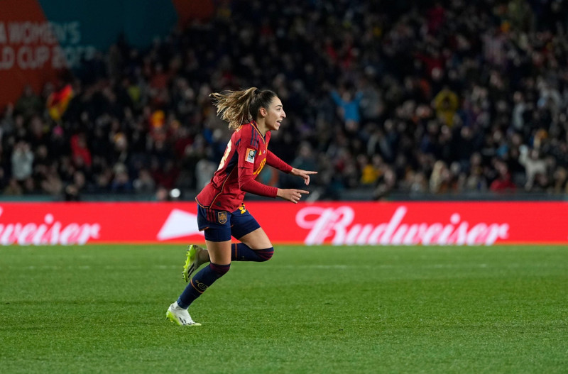 August 15 2023: Olga Carmona (Spain) celebrates the second goal during a FiFA Womens World Cup Semifinal game, Spain versus Sweden, at Eden Park, Auckland, New Zealand. Kim Price/CSM