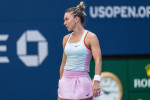 New York, NY - August 29, 2022: Simona Halep reacts during 1st round of US Open Tennis Championship against Daria Snigur of Ukraine at Billie Jean King National Tennis Center