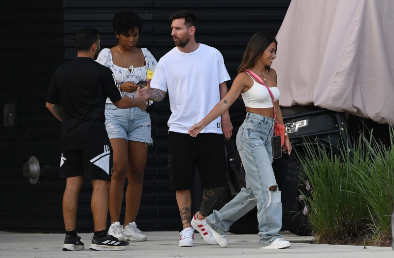 *EXCLUSIVE* Lionel Messi is seen with wife Antonella who has been going viral after his games! Fans can't get enough of the Argentinian stunner! **Web Must Call For Pricing**