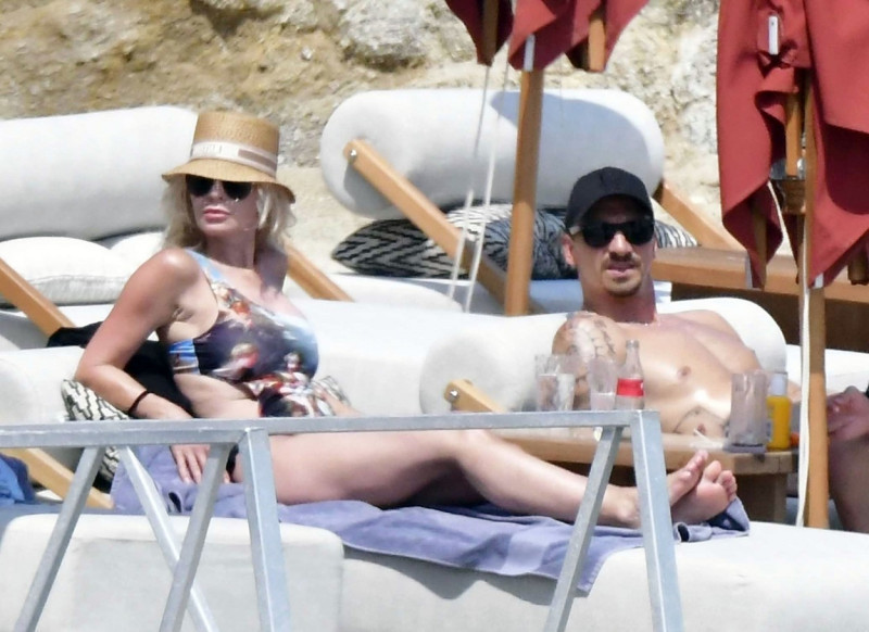 *EXCLUSIVE* WEB MUST CALL FOR PRICING - Recently retired Swedish football player Zlatan Ibrahimovic pictured with his wife Helena Seger and sons relaxing at Bill &amp; Coo Beach while enjoying a holiday on the Greek island of Mykonos.