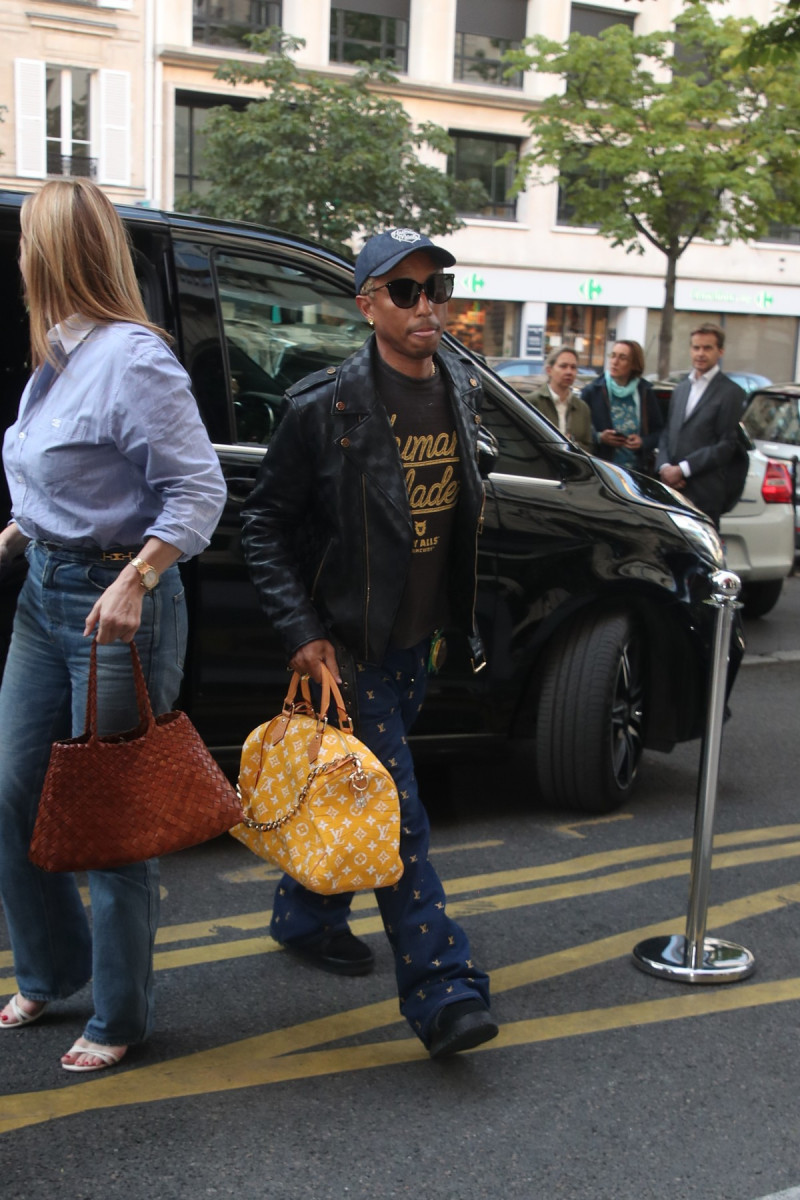 EXCLUSIVE: Pharrell Williams Wearing A Full Louis Vuitton Outfit (And Seen Holding The Infamous $1 Million USD LV Bag) Arrives At Royal Monceau Hotel