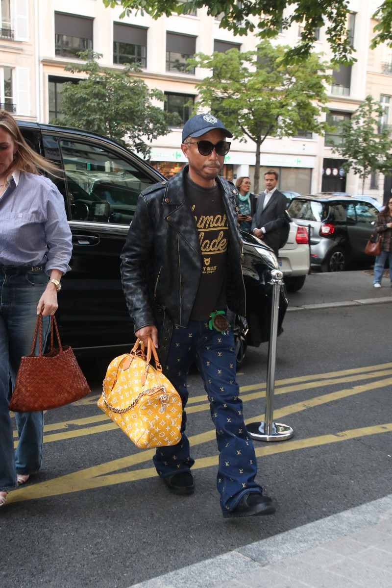 EXCLUSIVE: Pharrell Williams Wearing A Full Louis Vuitton Outfit (And Seen Holding The Infamous $1 Million USD LV Bag) Arrives At Royal Monceau Hotel