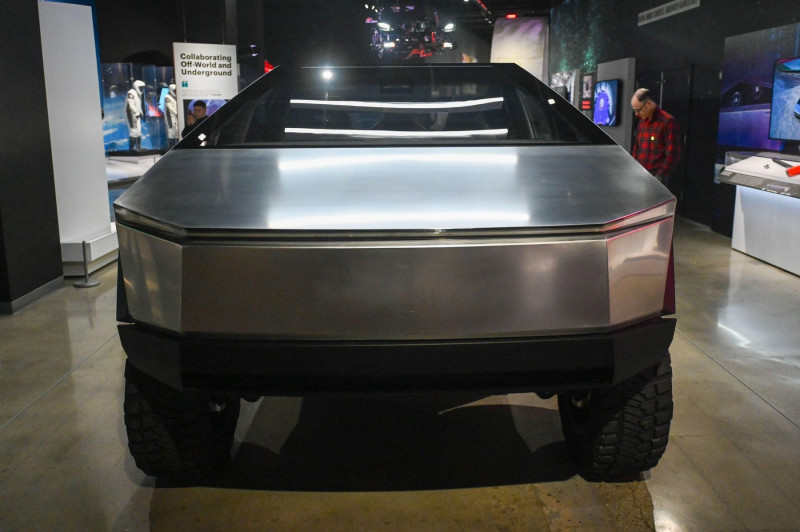 A Tesla Cybertruck sits on display at the Petersen Automotive Museum Inside Tesla exhibit on Tuesday, Dec. 13, 2022, in Los Angeles. (Dylan Stewart/