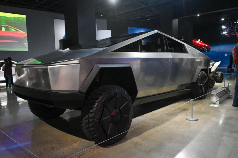 A Tesla Cybertruck sits on display at the Petersen Automotive Museum Inside Tesla exhibit on Tuesday, Dec. 13, 2022, in Los Angeles. (Dylan Stewart/