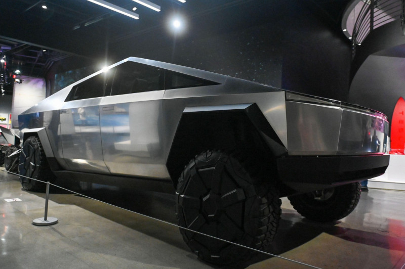 A Tesla Cybertruck sits on display at the Petersen Automotive Museum Inside Tesla exhibit on Tuesday, Dec. 13, 2022, in Los Angeles. (Dylan Stewart/