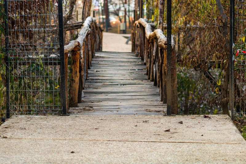 Alley and wooden bridge on a winter morning, Bucharest, Romania, 2020