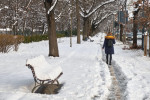 Bucharest, Romania - February 6, 2020: Woman walks on a narrow, slippery footpath, made by pedestrians on a snow covered sidewalk, many hours after th