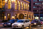 Car traffic on the main boulevard in Bucharest downtown. Winter morning/evening rush hour in Bucharest, Romania, 2020