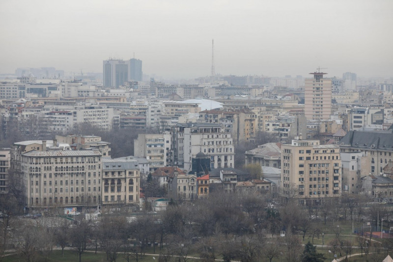 Bucharest, Romania - March 03, 2020: Overview of Bucharest as seen from the Palace of Parliament on a cloudy day.