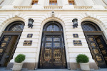 Bucharest, Romania - August 09, 2021: The National Bank of Romania headquarters, in this picture is the new wing of the BNR Palace, built between 1937