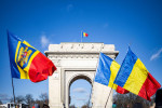 Bucharest, Romania - 01.12.2021: 1st of December parade for the National Day of Romania - people in attendance celebrating at Triumphal Arch Kiseleff