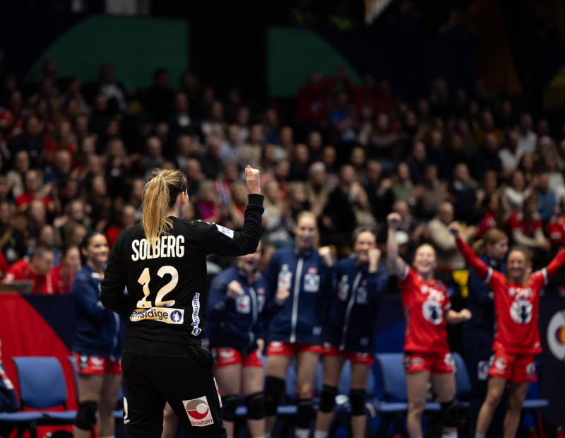 Trondheim, Norway, December 12th 2023: Goalkeeper Silje Solberg Osthassel (12 Norway) celebrates after saving the ball d