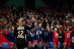 Trondheim, Norway, December 12th 2023: Goalkeeper Silje Solberg Osthassel (12 Norway) celebrates after saving the ball d