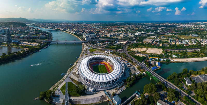 Budapest, Hungary - Aerial panoramic view of Budapest on a sunny summer day, including National Athletics Centre, Rakoczi bridge, Puskas Arena and new