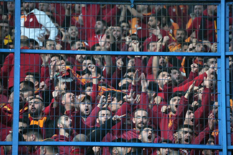 Fans of Galatasaray during the Turkish Super League Derby match between Fenerbahce and Galatasaray at Sukru Saracoglu UL