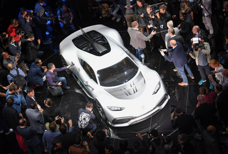 Frankfurt, Germany. 11th Sep, 2017. dpatop - Journalists gather around the sports car Mercedes-AMG Project One during the "Mercedes-Benz Media Night" at the fair in Frankfurt/Main, Germany, 11 September 2017. The International Motor Show (IAA) is on betwe