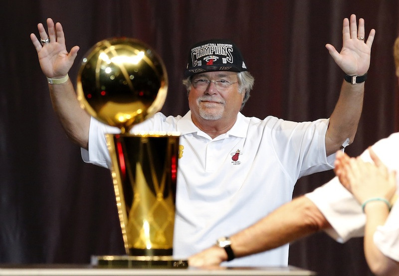 Miami Heat owner Arison reacts after he was introduced during a celebration at the American Airlines Arena after the Heat's NBA Basketball Championship parade in Miami