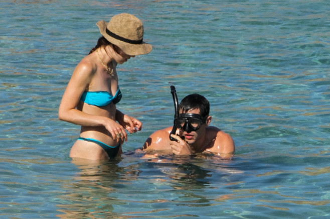 EXCLUSIVE: Sexy Aurora Ramazzotti seen in gorgeous bikini blue and green and her boyfriend Goffredo Cerza at the beach on Mykonos Island, Greece