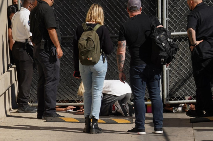 Billie Eilish greets fans outside Jimmy Kimmel Live in Hollywood, CA