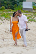 EXCLUSIVE: French Dj David Guetta and his girlfriend Jessica Ledon strolling on Flamand Beach after a lunch at the Cheval Blanc hotel in St-Barts.