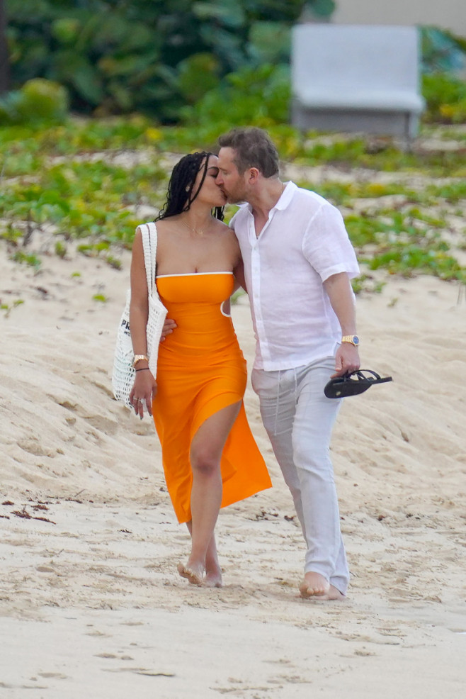 EXCLUSIVE: French Dj David Guetta and his girlfriend Jessica Ledon strolling on Flamand Beach after a lunch at the Cheval Blanc hotel in St-Barts.