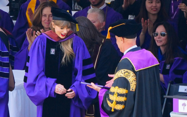 Taylor Swift Receives Honorary Degree From NYU at Yankee Stadium in New York City.