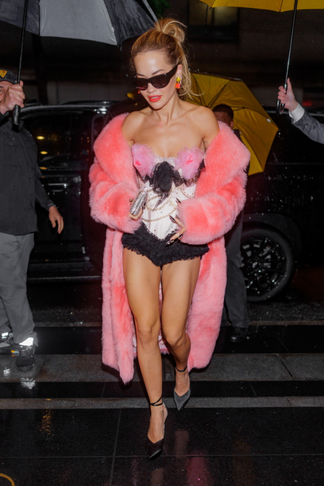 EXCLUSIVE: Rita Ora arrives at the Carlyle Hotel in archived custom Chanel by Karl Lagerfeld