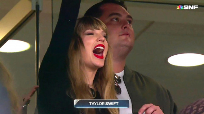 Taylor Swift hangs out in the VIP box with a drink waiting for boyfriend Travis Kelce’s NFL game to start